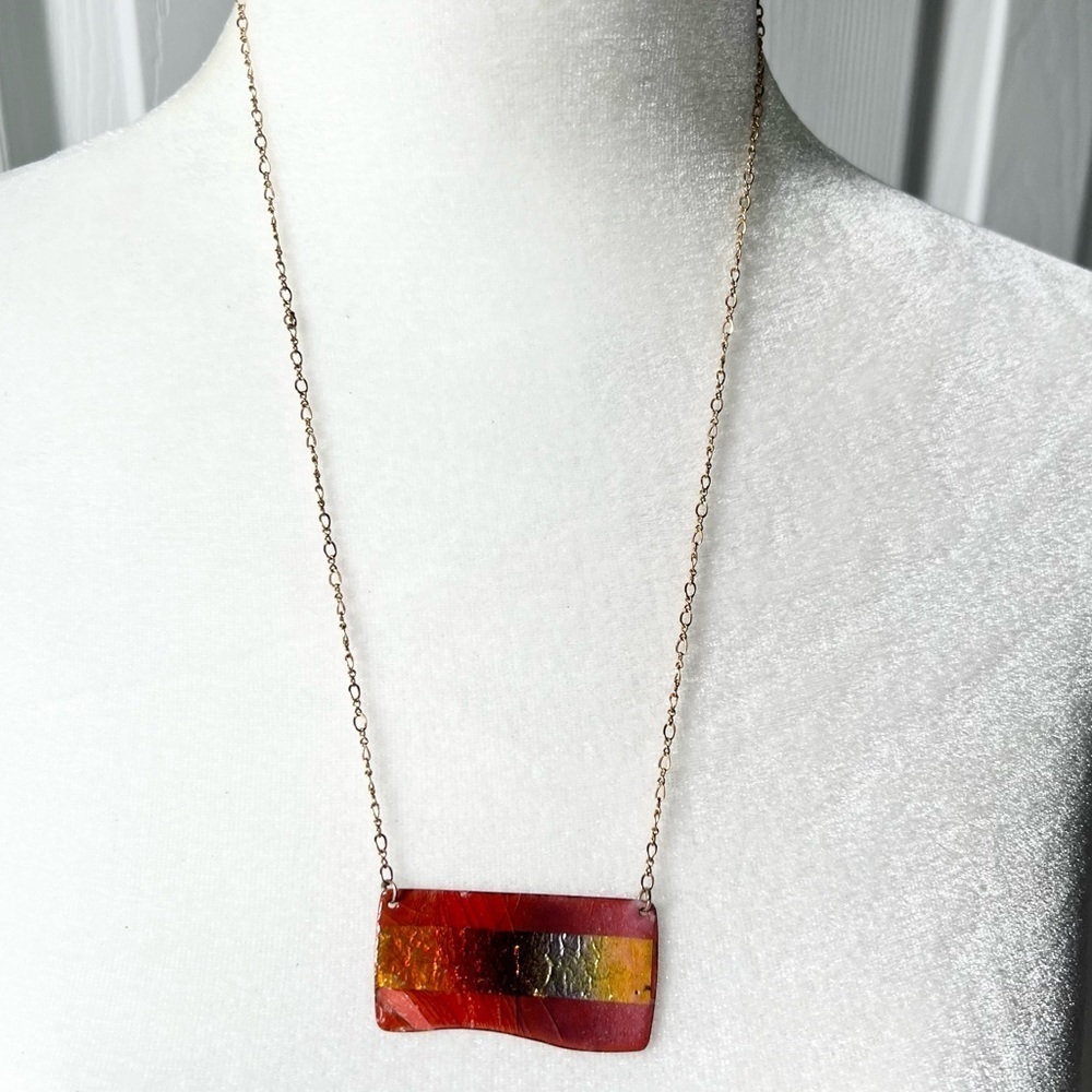 Funky glass? handmade burnt red ombré  artisan necklace on gold tone chain